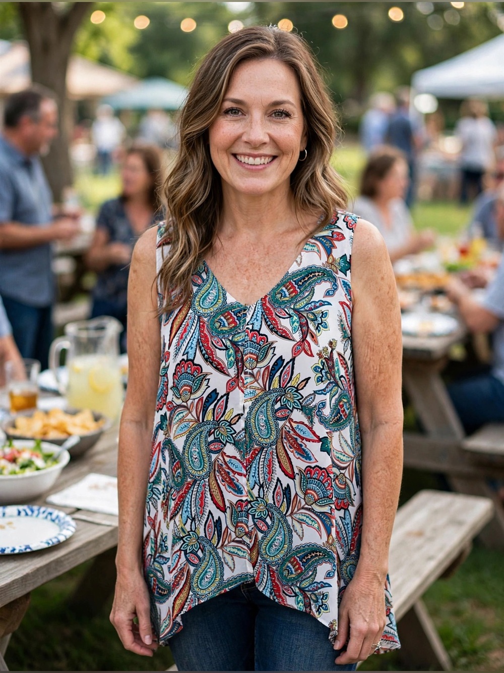 AB Studio Sleeveless V-Neck Paisley Top - White with Red, Teal, Navy, Gold